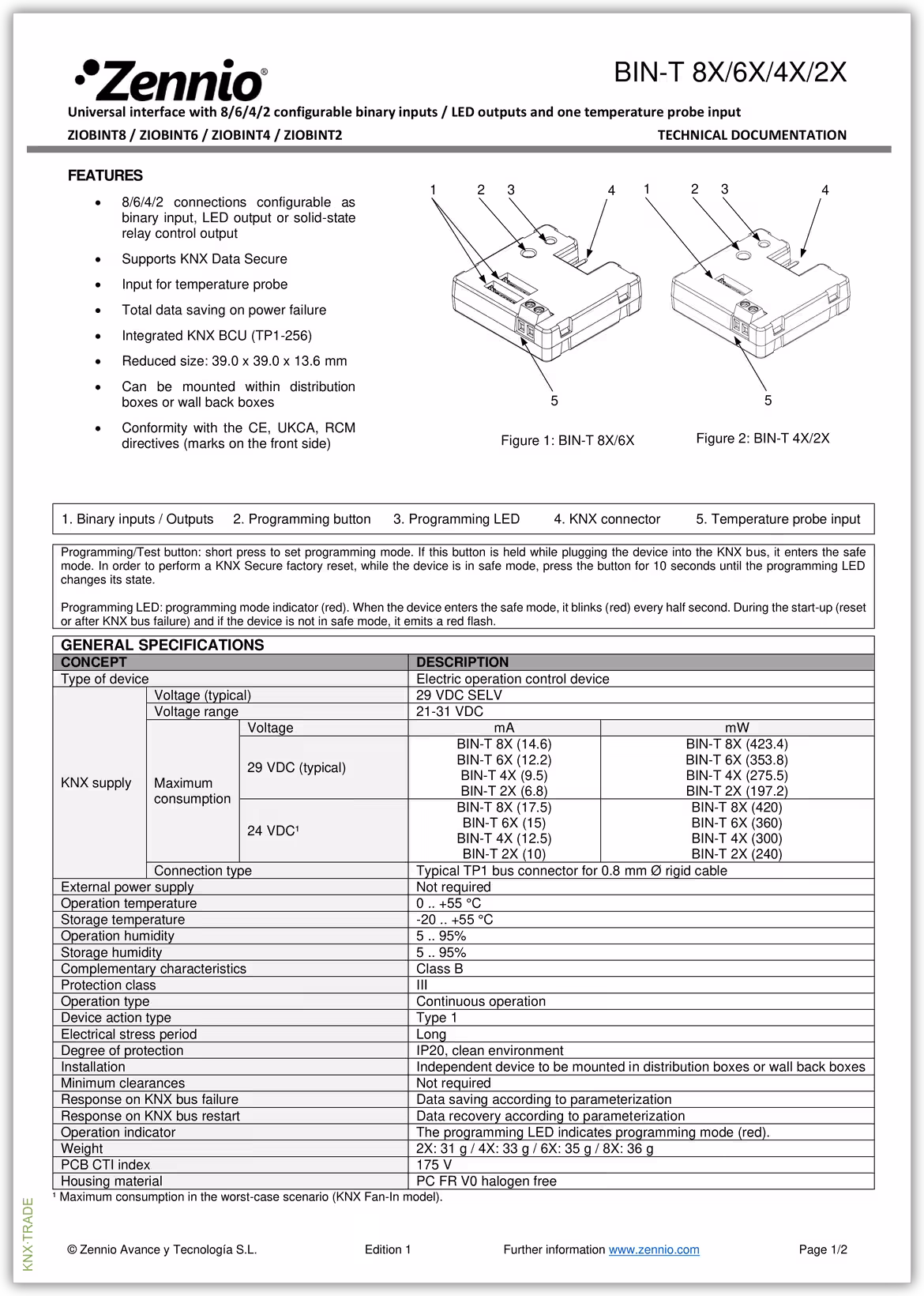 Datasheet (1) Zennio [ZIOBINT8] BIN-T 8X / Модуль KNX интерфейсный, 8 дискретных входа