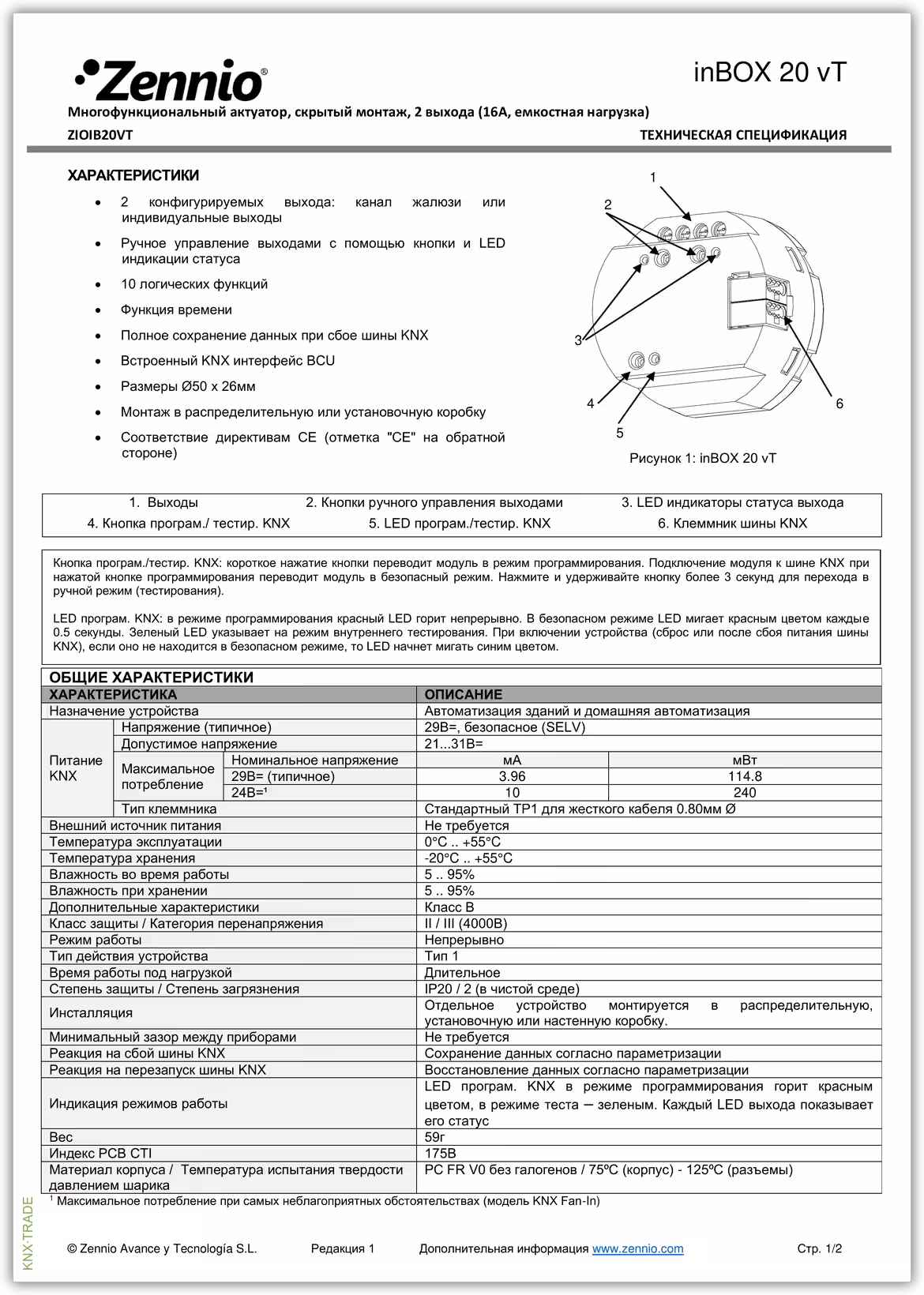 Datasheet (1) Zennio [ZIOIB20VT] inBOX 20 vT / Актуатор KNX для скрытого монтажа, 2-выхода