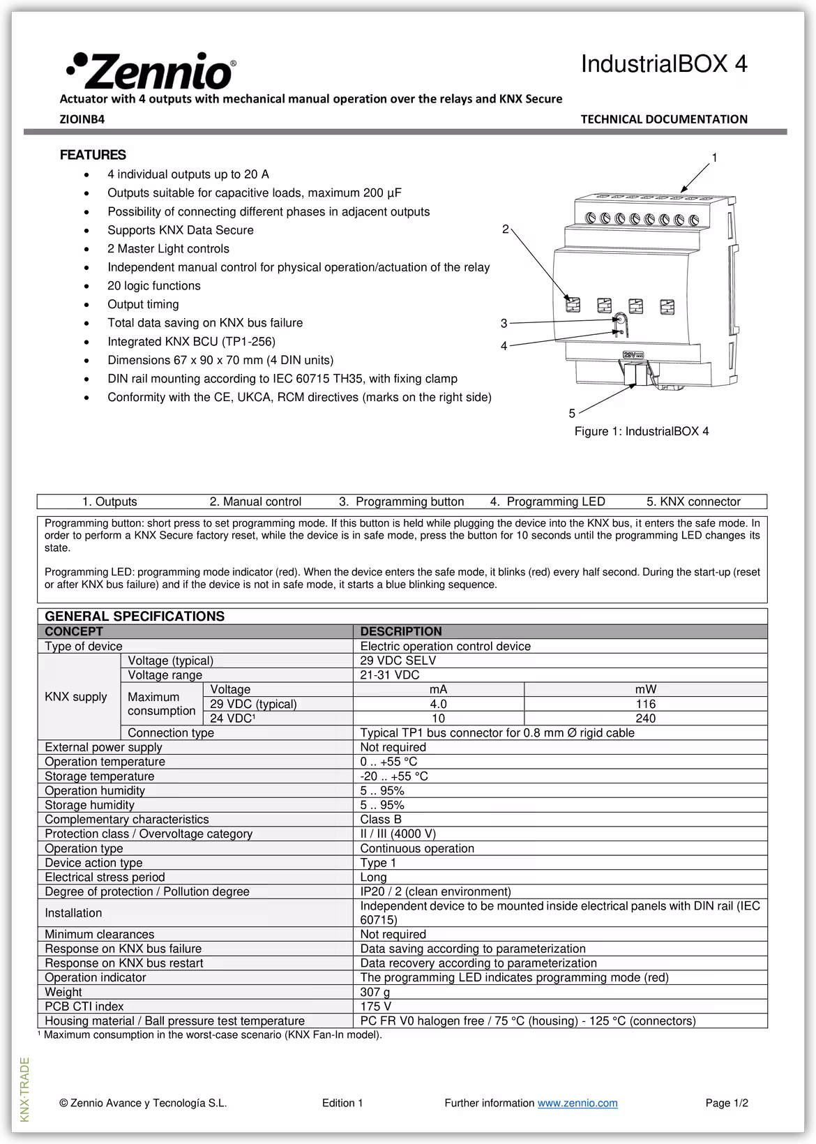 Datasheet (1) Zennio [ZIOINB4] IndustrialBOX 4 / Актуатор промышленный KNX, c 4 выходами, 20A