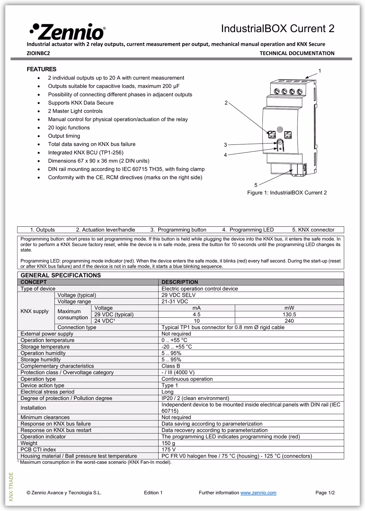 Datasheet (1) Zennio [ZIOINBC2] IndustrialBOX Current 2 / Актуатор промышленный KNX, c 2 выходами, 20A