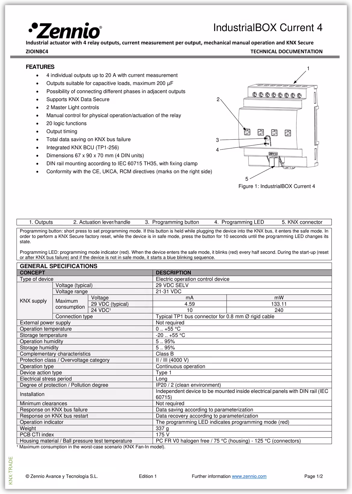 Datasheet (1) Zennio [ZIOINBC4] IndustrialBOX Current 4 / Актуатор промышленный KNX, c 4 выходами, 20A