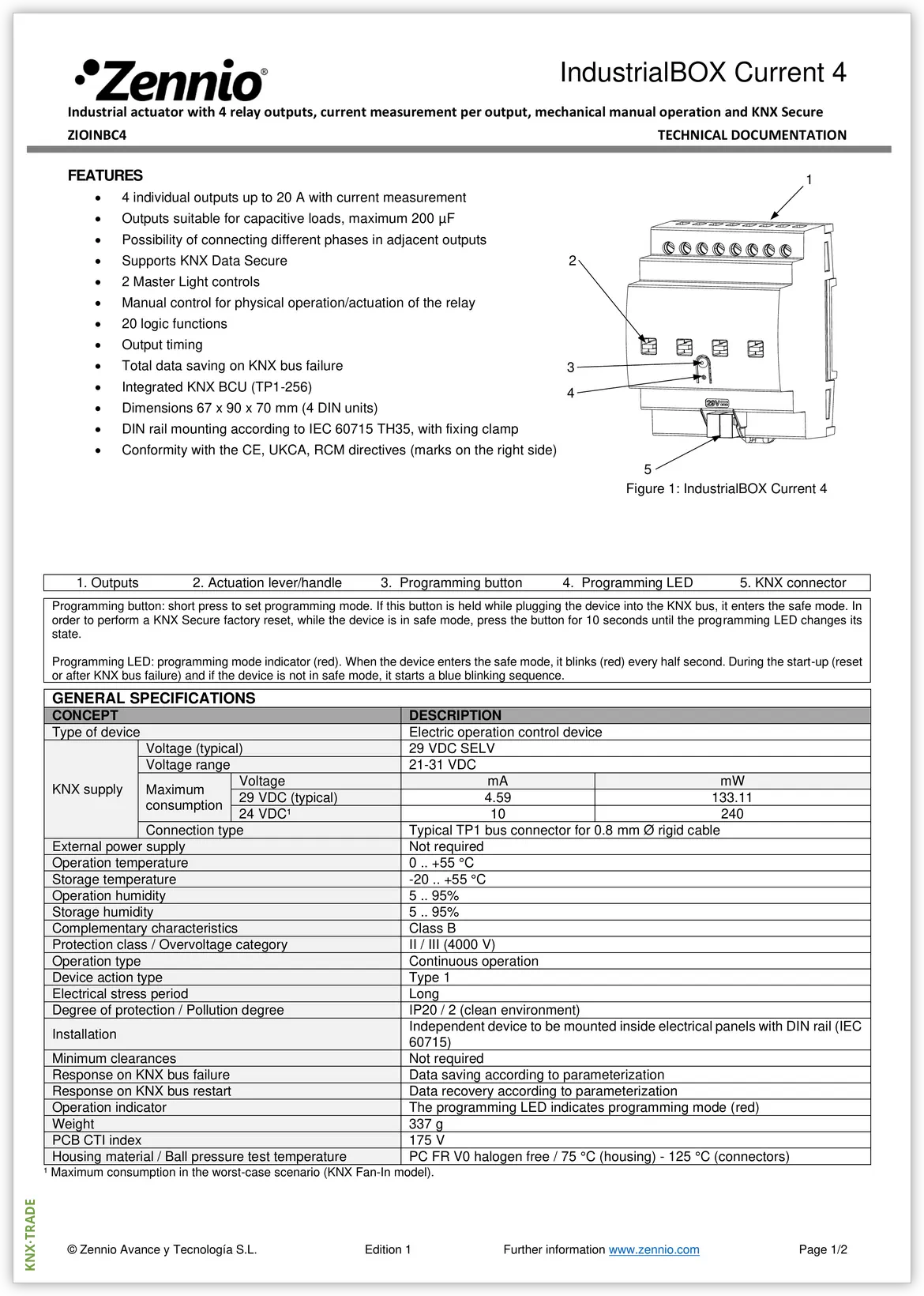 Datasheet (1) Zennio [ZIOINBC4] IndustrialBOX Current 4 / Актуатор KNX промышленный, 4-выхода, 20A, замер тока