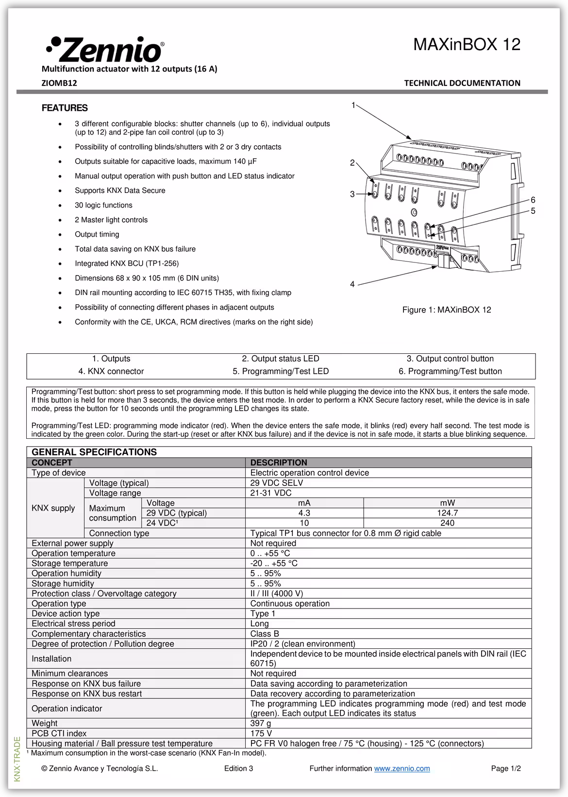 Datasheet (1) Zennio [ZIOMB12] MAXinBOX 12 / Актуатор KNX, 12-выходов