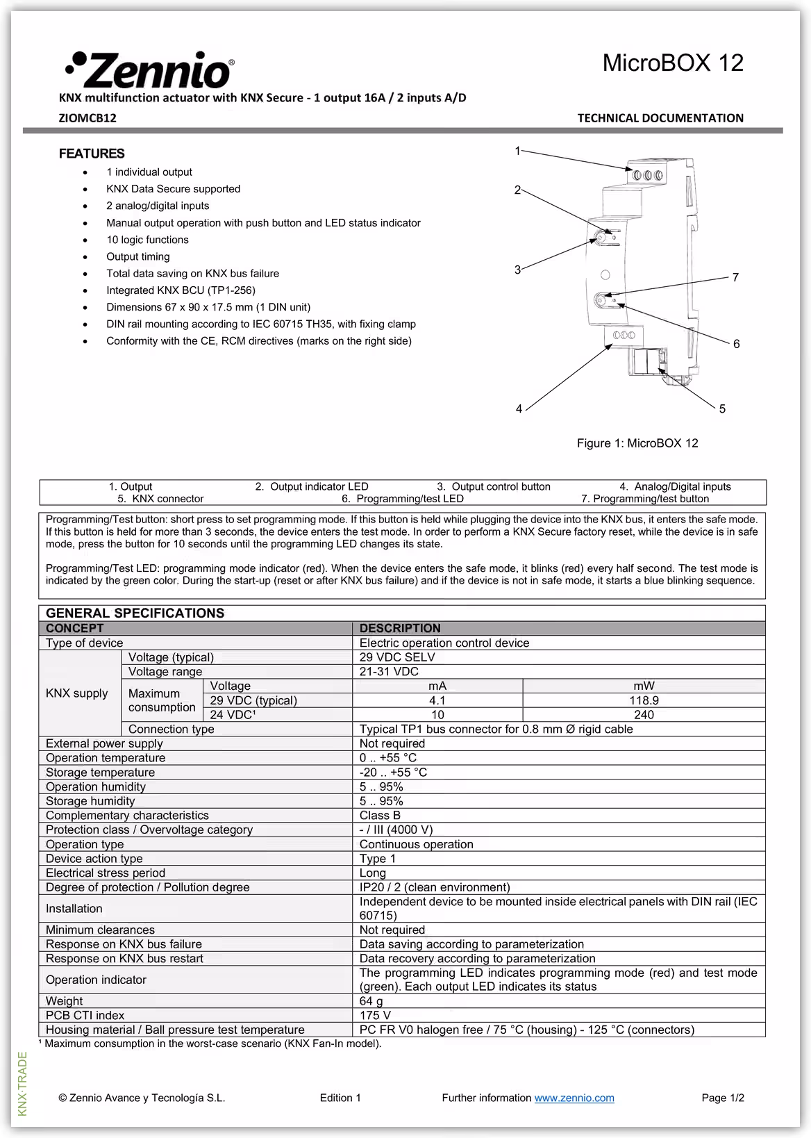 Datasheet (1) Zennio [ZIOMCB12] MicroBOX 12 / Актуатор KNX микро, 2-входа, 1-выход