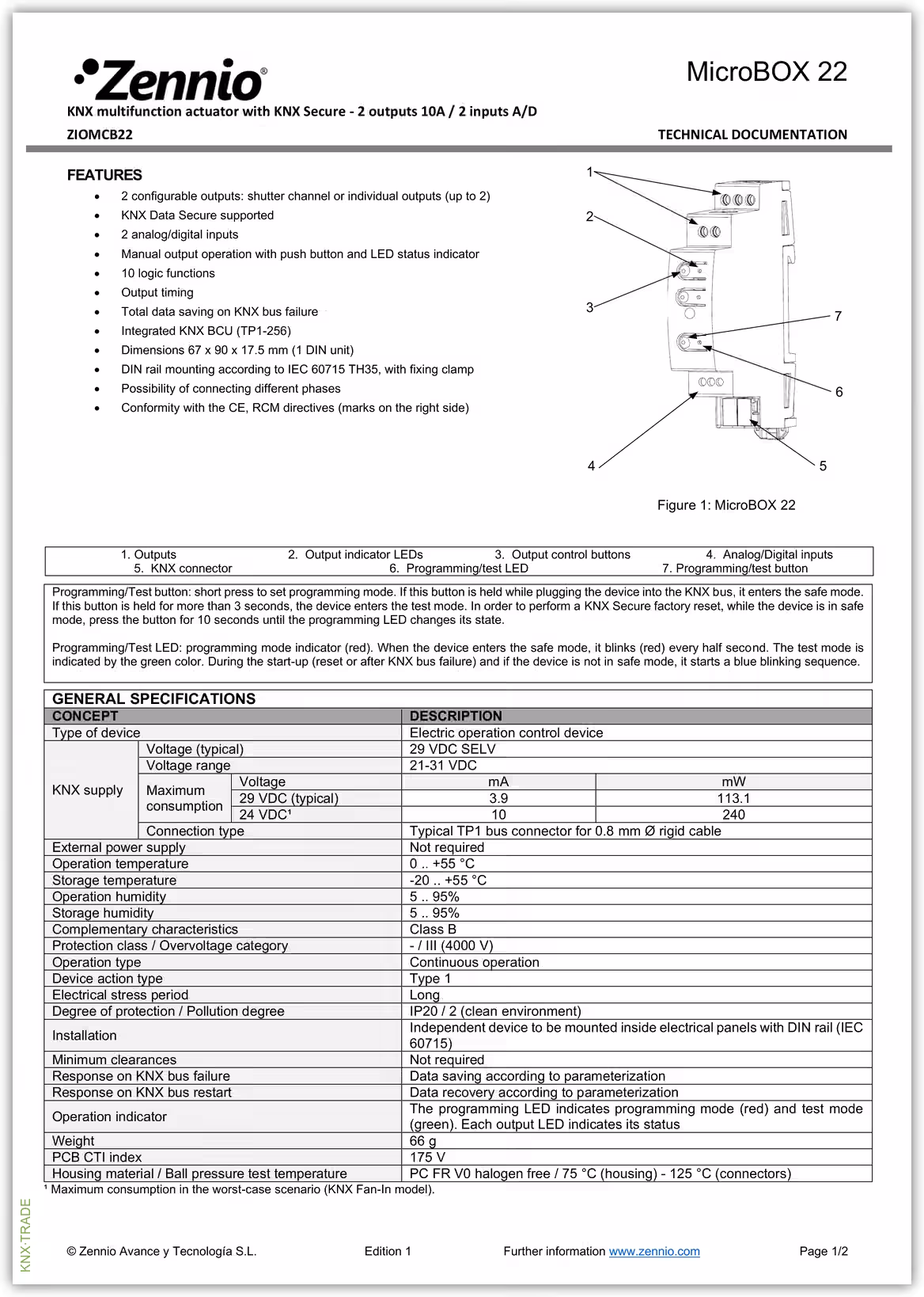 Datasheet (1) Zennio [ZIOMCB22] MicroBOX 22 / Актуатор KNX микро, 2-входа, 2-выхода
