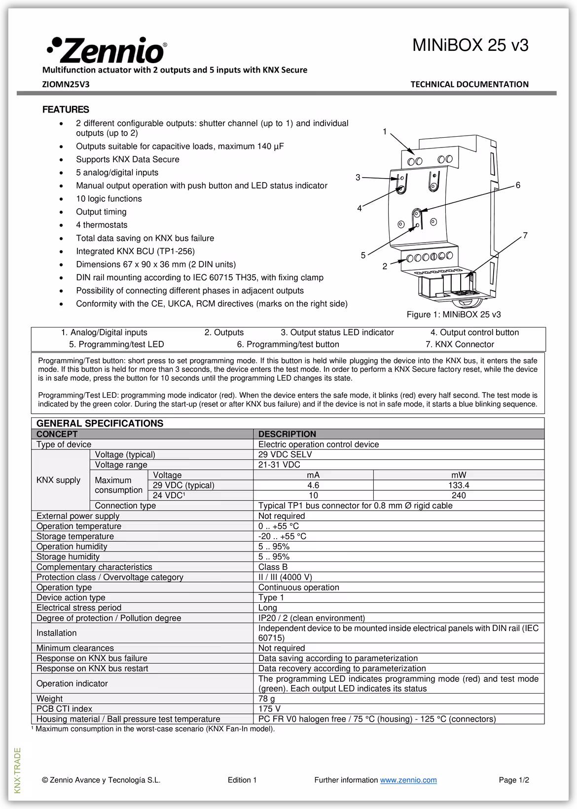 Datasheet (1) Zennio [ZIOMN25V3] MINiBOX 25 v3 / Актуатор KNX, 2-выхода, 5-входов