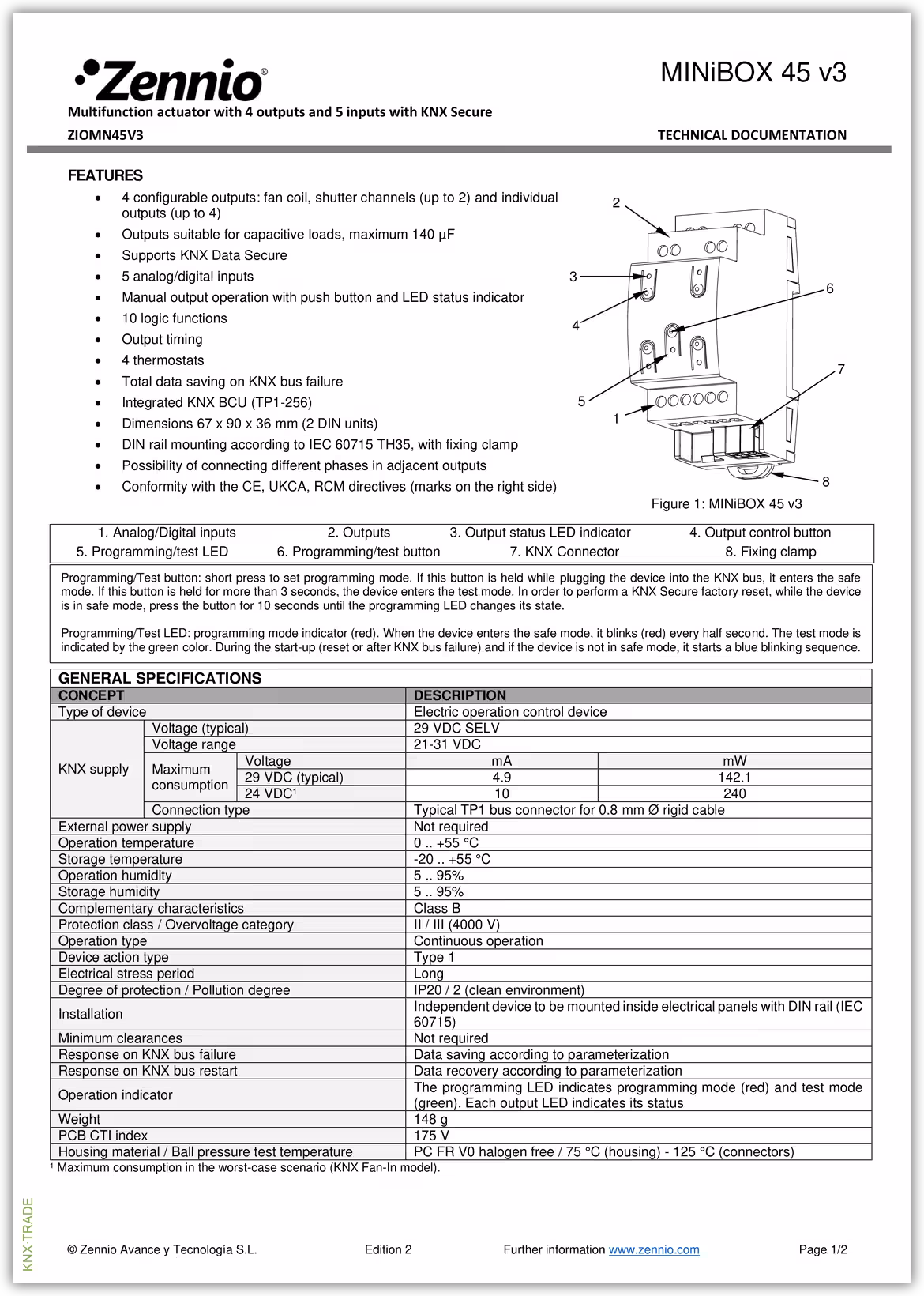 Datasheet (1) Zennio [ZIOMN45V3] MINiBOX 45 v3 / Актуатор KNX, 4-выхода, 5-входов
