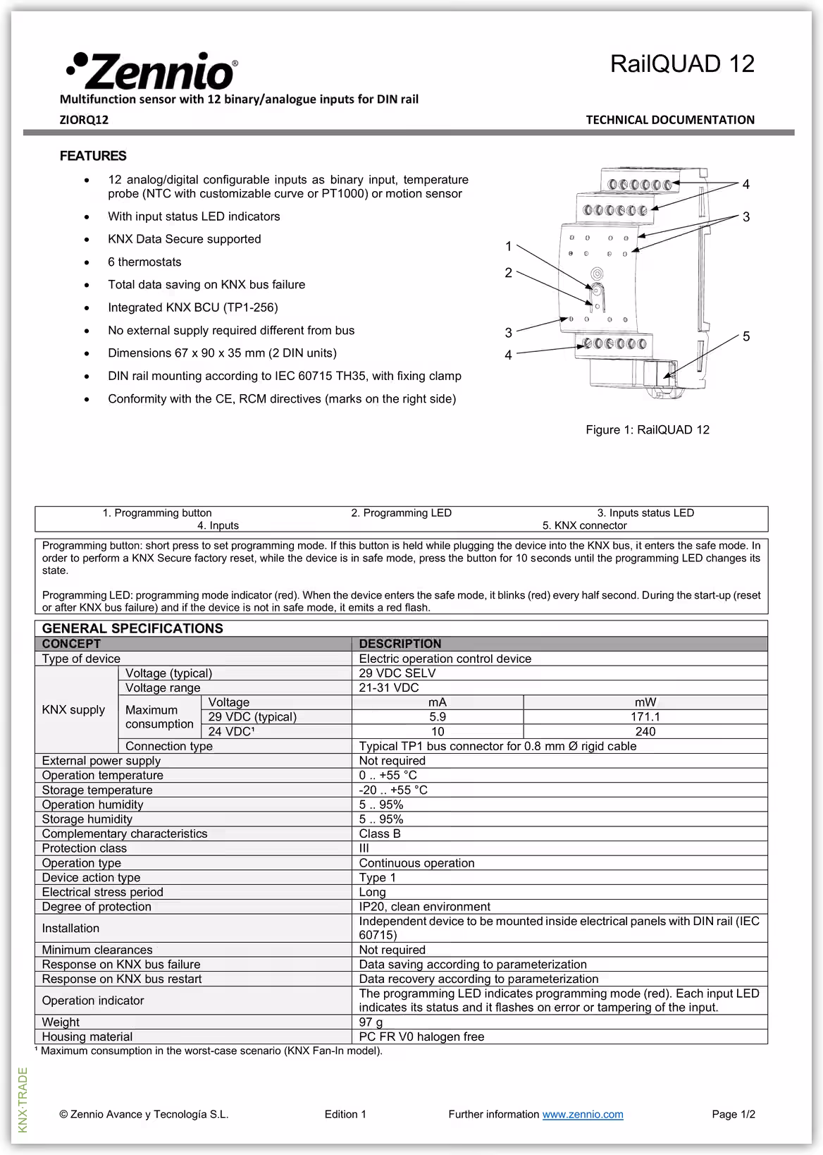 Datasheet (1) Zennio [ZIORQ12] RailQUAD 12 / Модуль KNX аналоговых или бинарных входов, 12 AI/DI