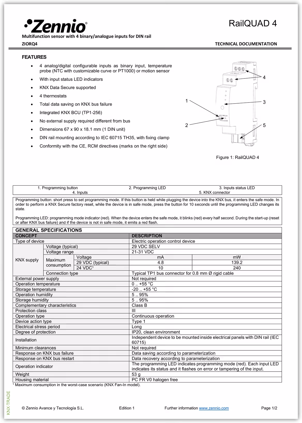 Datasheet (1) Zennio [ZIORQ4] RailQUAD 4 / Модуль KNX аналоговых или бинарных входов, 4 AI/DI