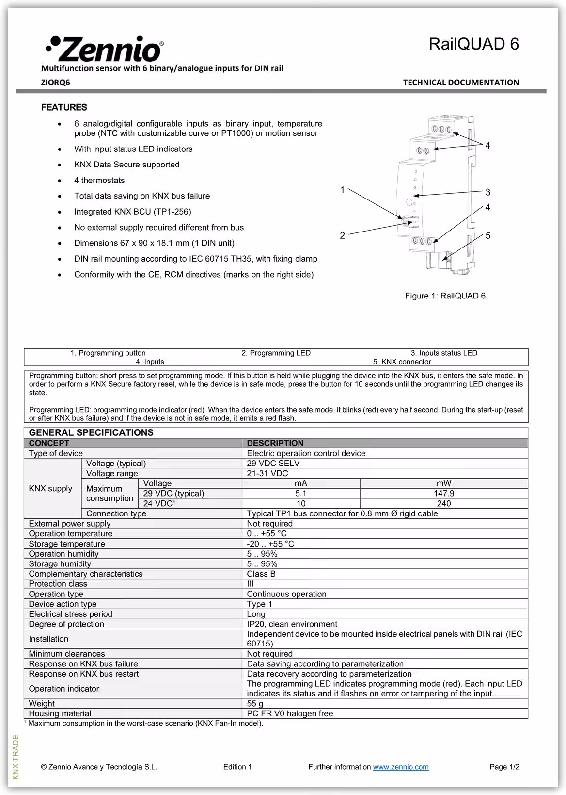 Datasheet (1) Zennio [ZIORQ6] RailQUAD 6 / Модуль KNX аналоговых или бинарных входов, 6 AI/DI