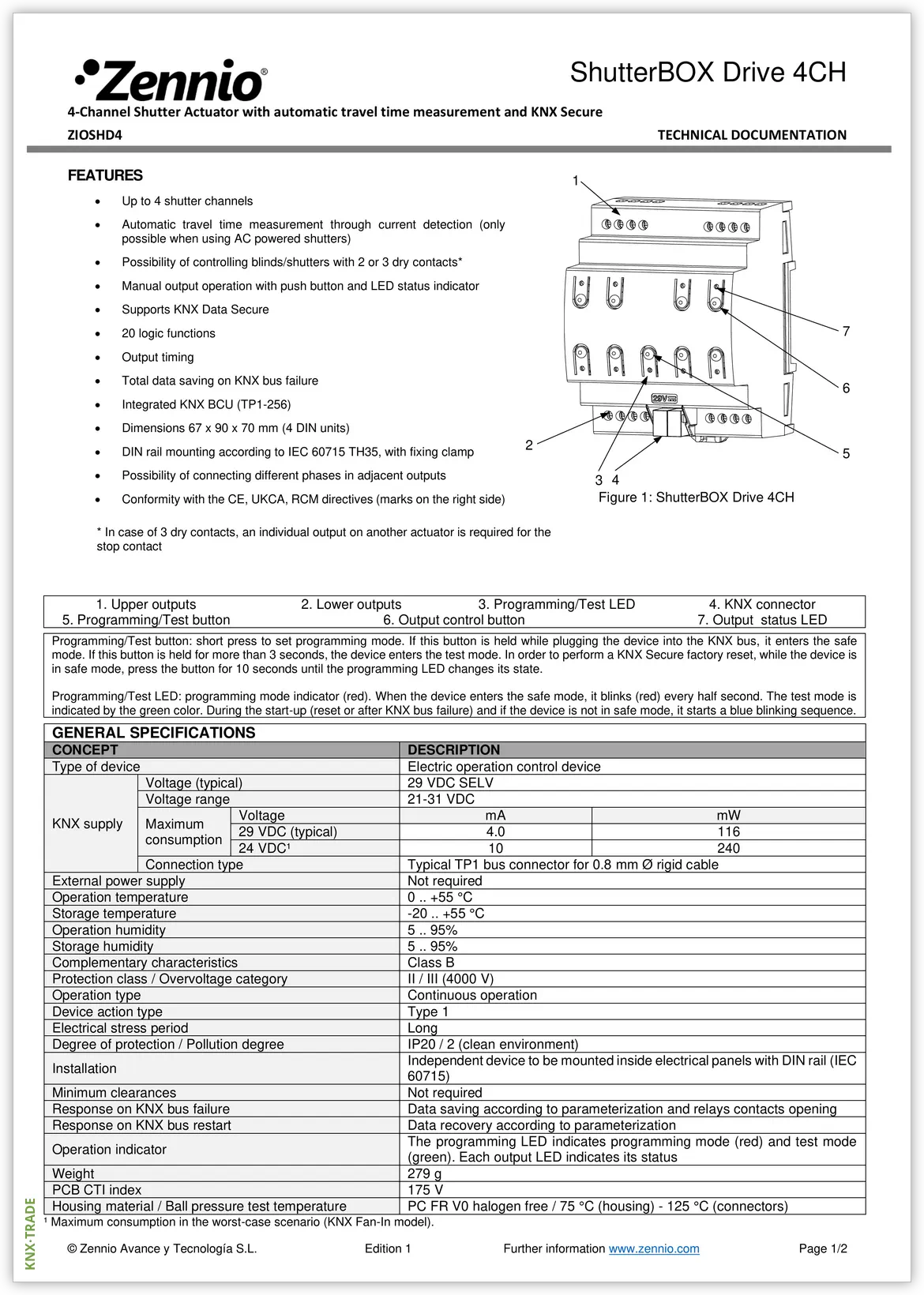 Datasheet (1) Zennio [ZIOSHD4] ShutterBOX Drive 4CH / Актуатор KNX жалюзийный, 4-канальный