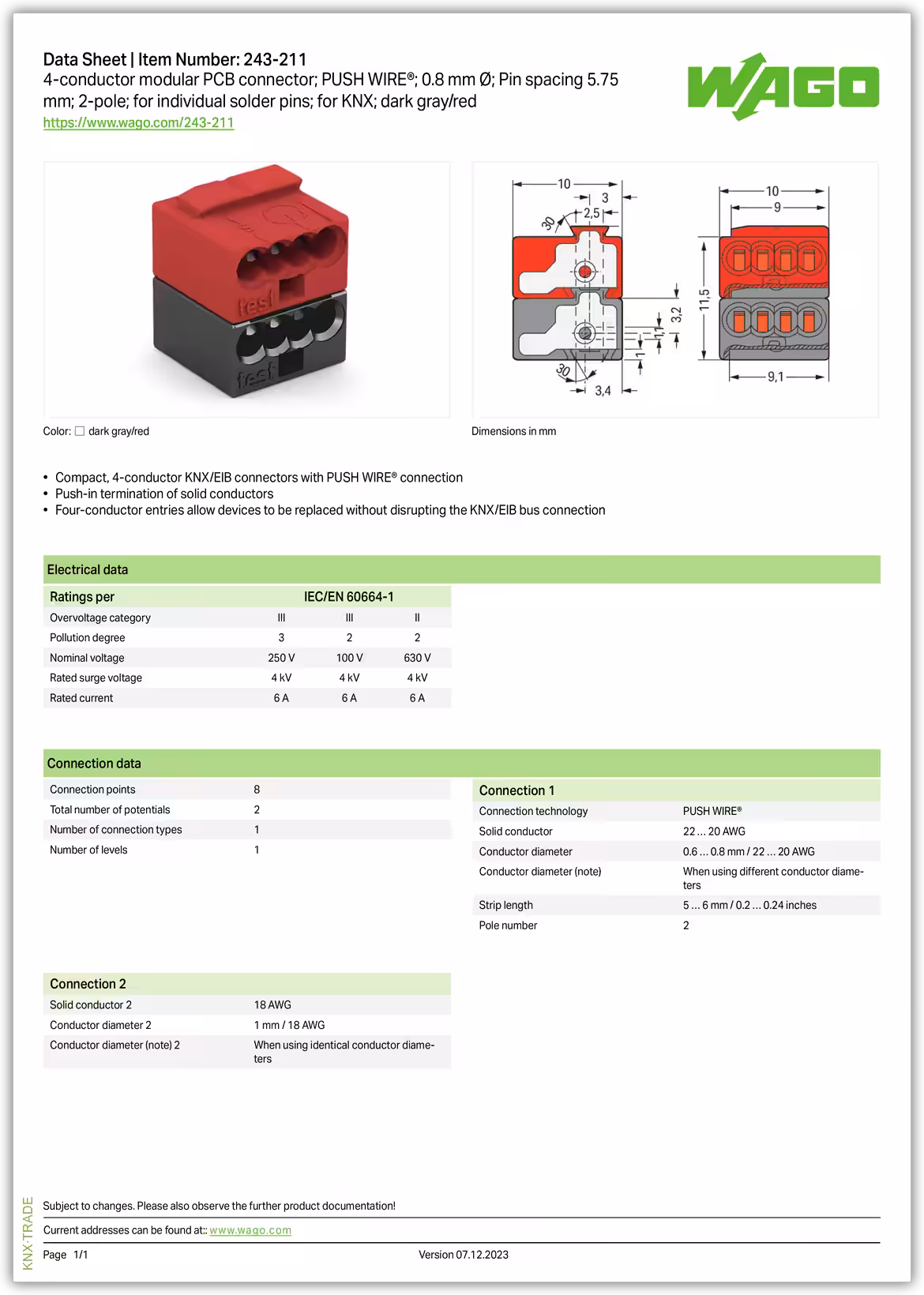 Datasheet (1) Zennio [ZN1AC-243-211] 243-211 / Разъём шины KNX, 4-проводный, 2-полюсный, красно-серый