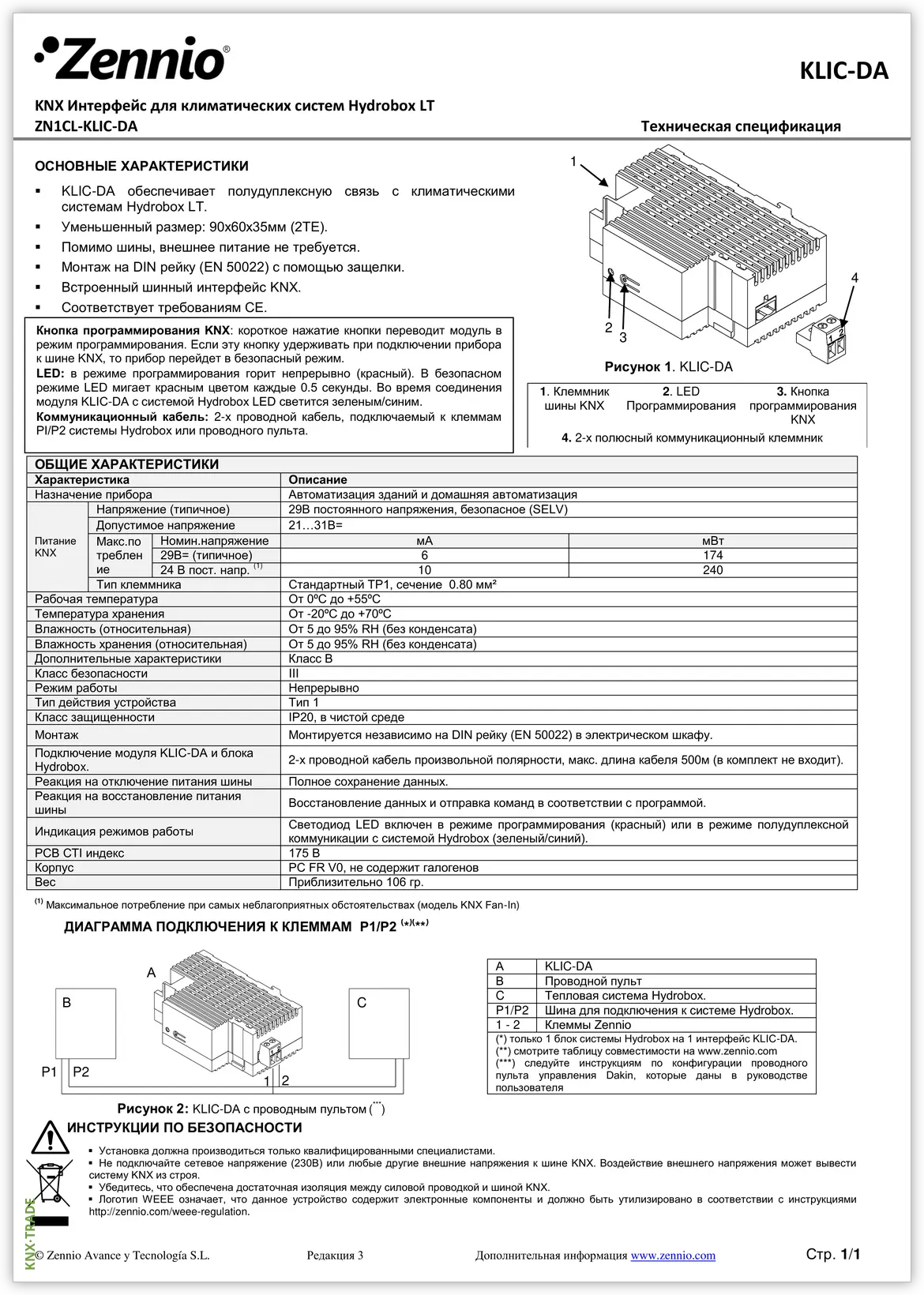 Datasheet (1) Zennio [ZN1CL-KLIC-DA] KLIC-DA / Шлюз KNX для управления кондиционерами Daikin Altherma LT