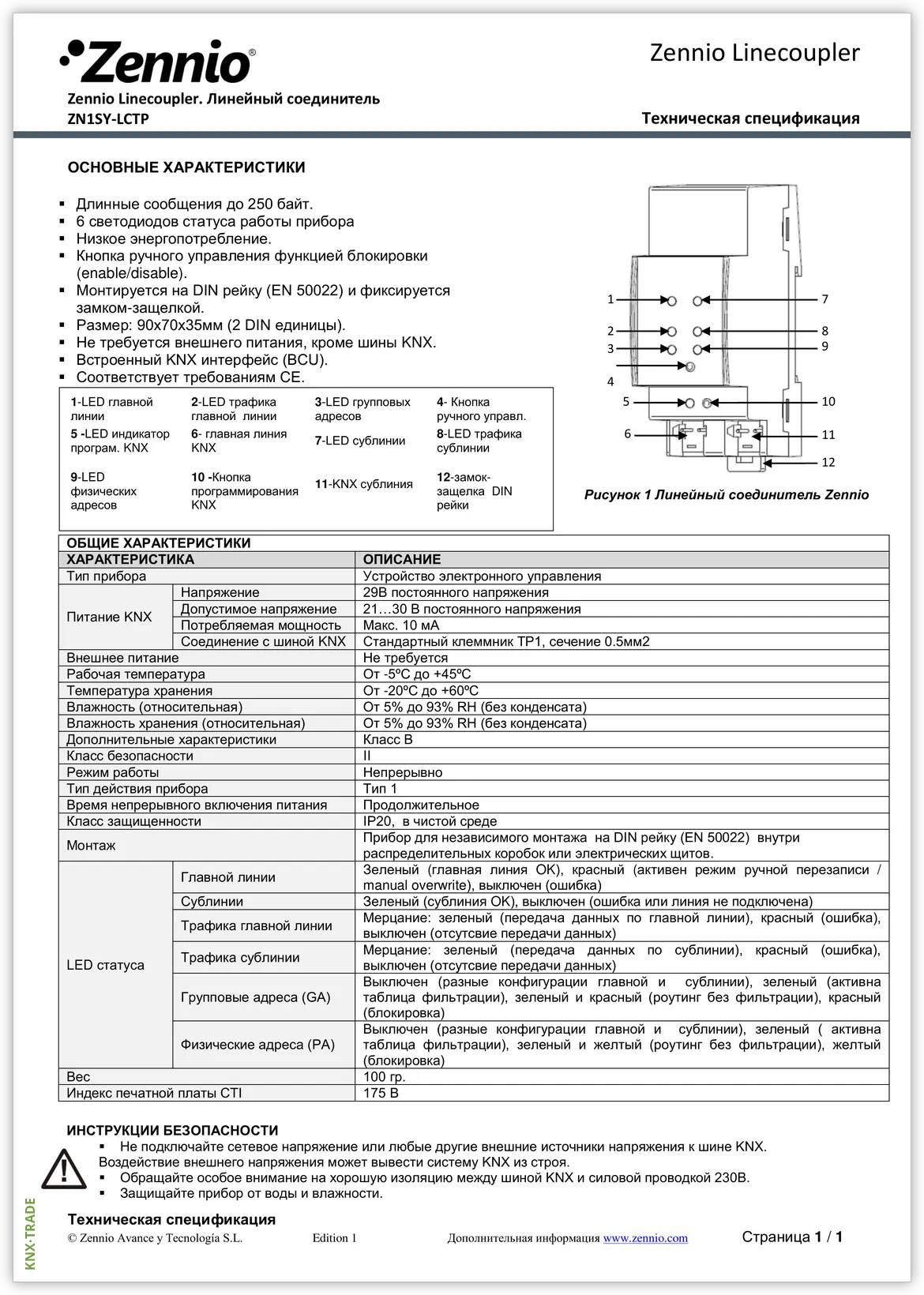 Datasheet (1) Zennio [ZN1SY-LCTP] Linecoupler / Линейный/Зонный соединитель шины KNX