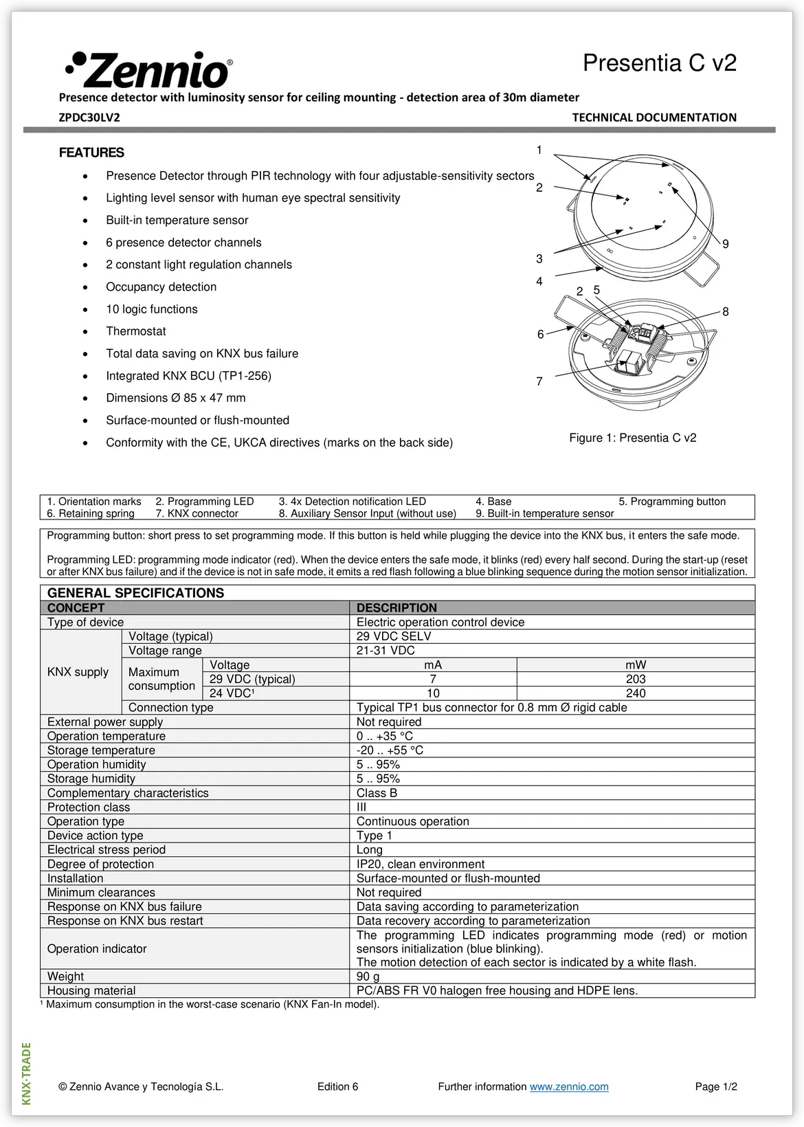 Datasheet (1) Zennio [ZPDC30L] Presentia C v2 / Датчик присутствия KNX с датчиком освещённости