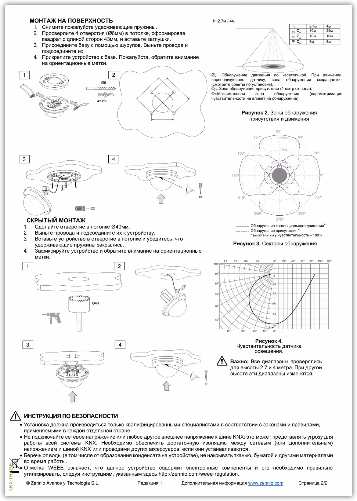 Datasheet (2) Zennio [ZPDC30LVT] Presentia C vT / Датчик присутствия KNX с датчиком освещённости