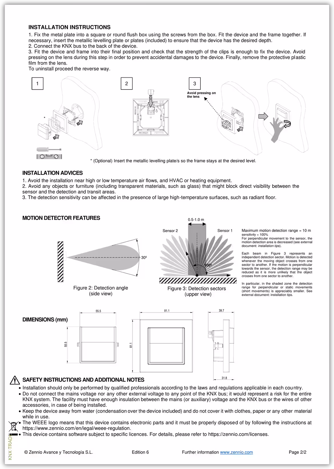 Datasheet (2) Zennio [ZPDWXV2] Presentia Wx v2 / Датчик движения KNX для рамок 55х55мм