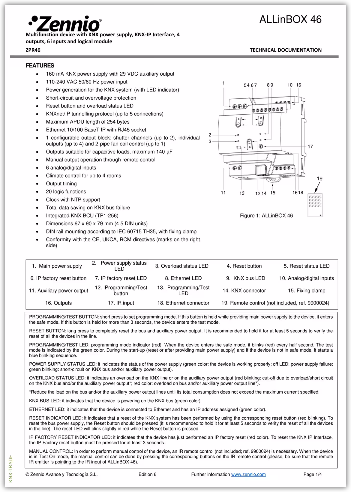 Datasheet (1) Zennio [ZPR46] ALLinBOX 46 / Устройство KNX с источником питания, интерфейсом KNX-IP, 4-выхода, 6-входов