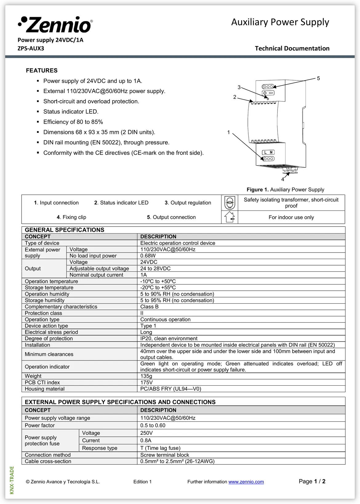Datasheet (1) Zennio [ZPS-AUX3] PS AUX3 / Источник питания 230VAC/24VDC 1А