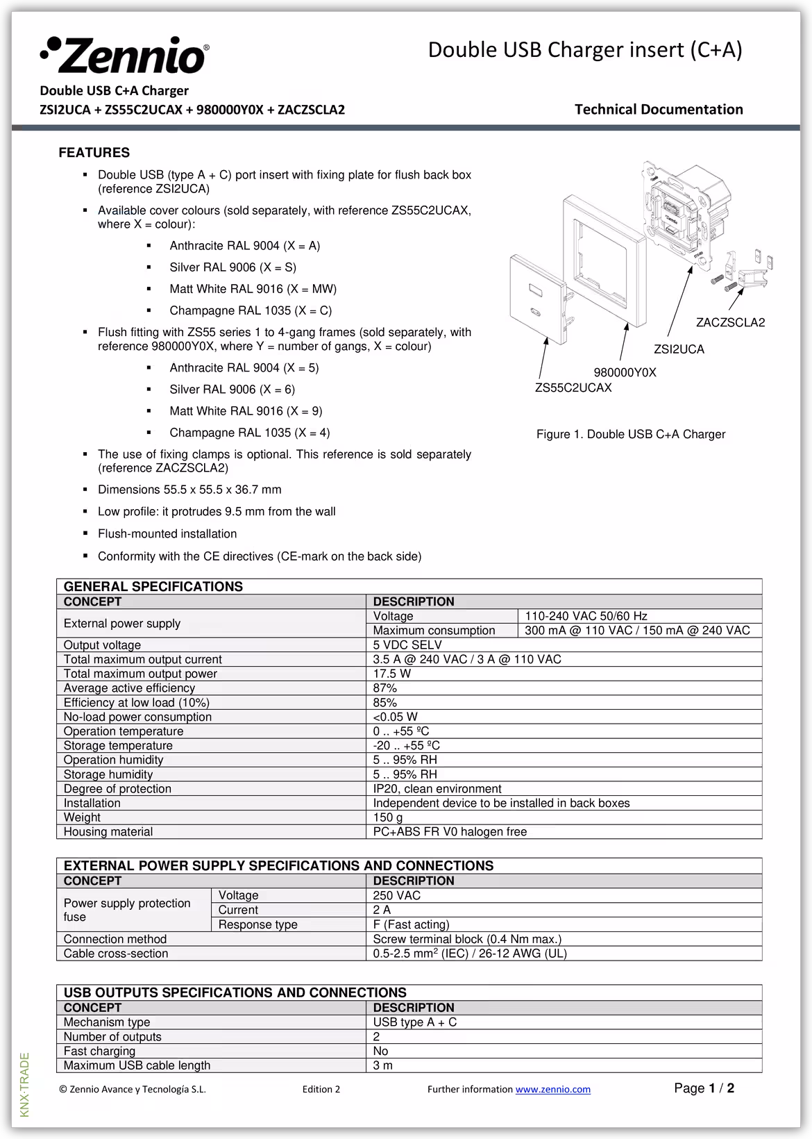 Datasheet (1) Zennio [ZS55C2UCAY] ZS55 USB C+A / Зарядное устройство