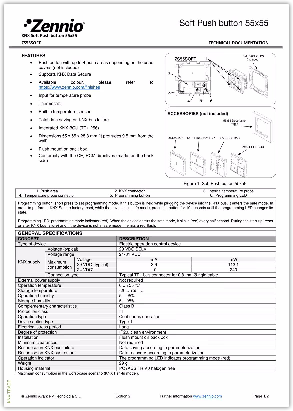 Datasheet (1) Zennio [ZS55SOFT] ZS55SOFT / Модуль кнопок KNX, 55х55 мм