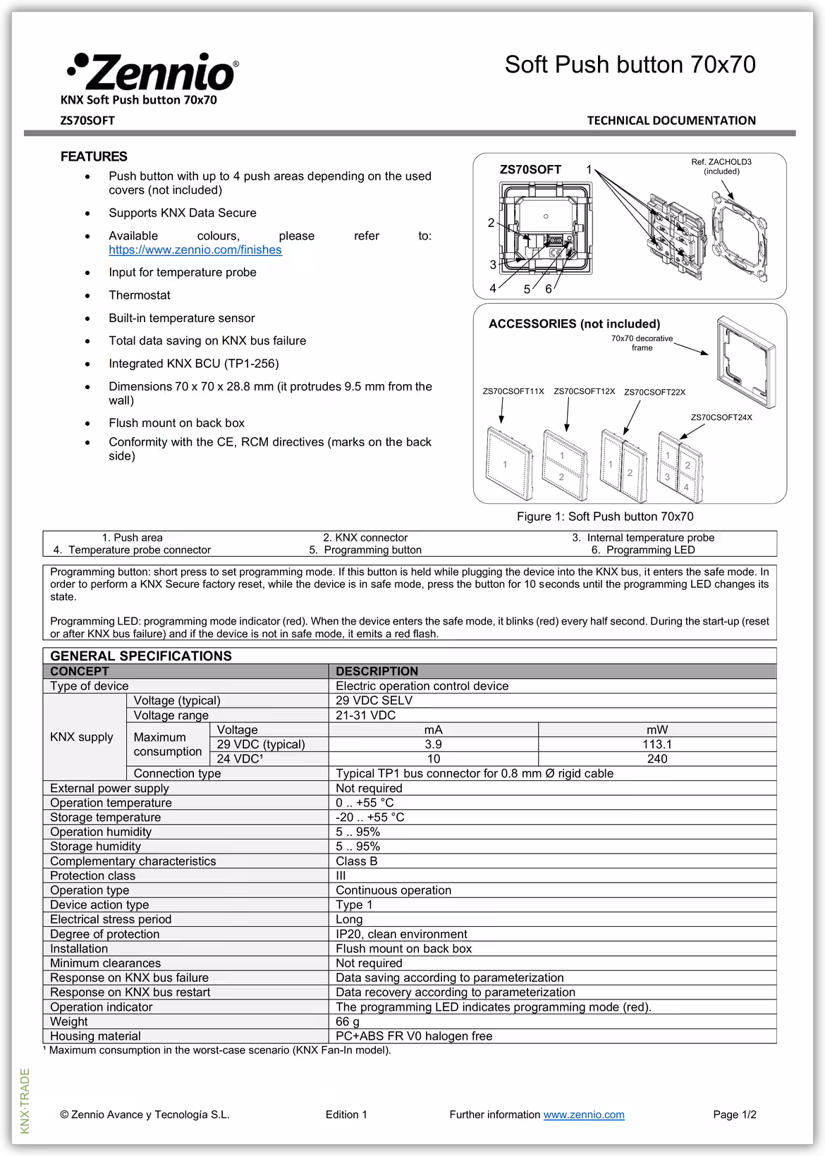 Datasheet (1) Zennio [ZS70SOFT] ZS70SOFT / Модуль кнопок KNX, 70х70 мм