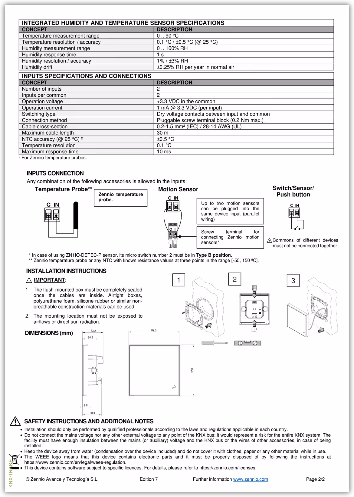 Datasheet (2) Zennio [ZSFSENV2] Flat Sensato V2 / Датчик влажности и температуры KNX, настенный