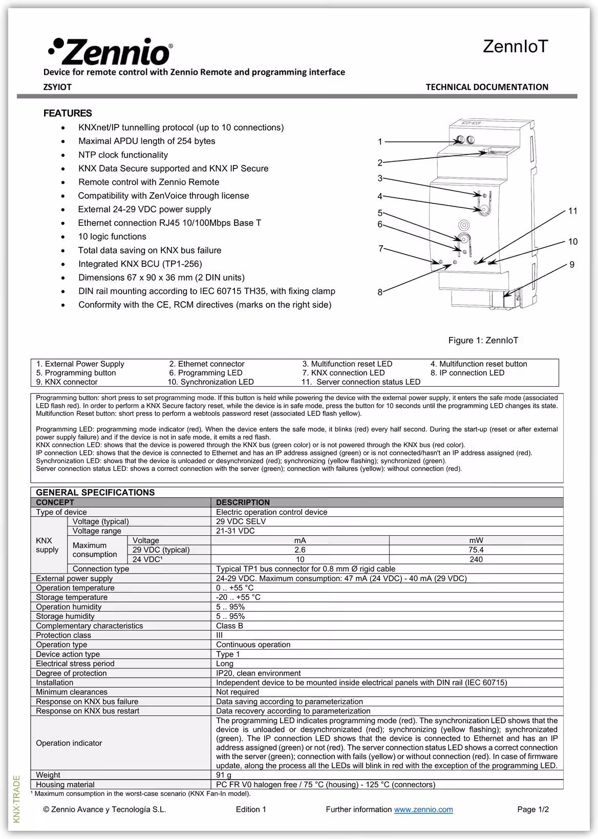 Datasheet (1) Zennio [ZSYIOT] ZennIoT / Устройство KNX-IP для дистанционного управления