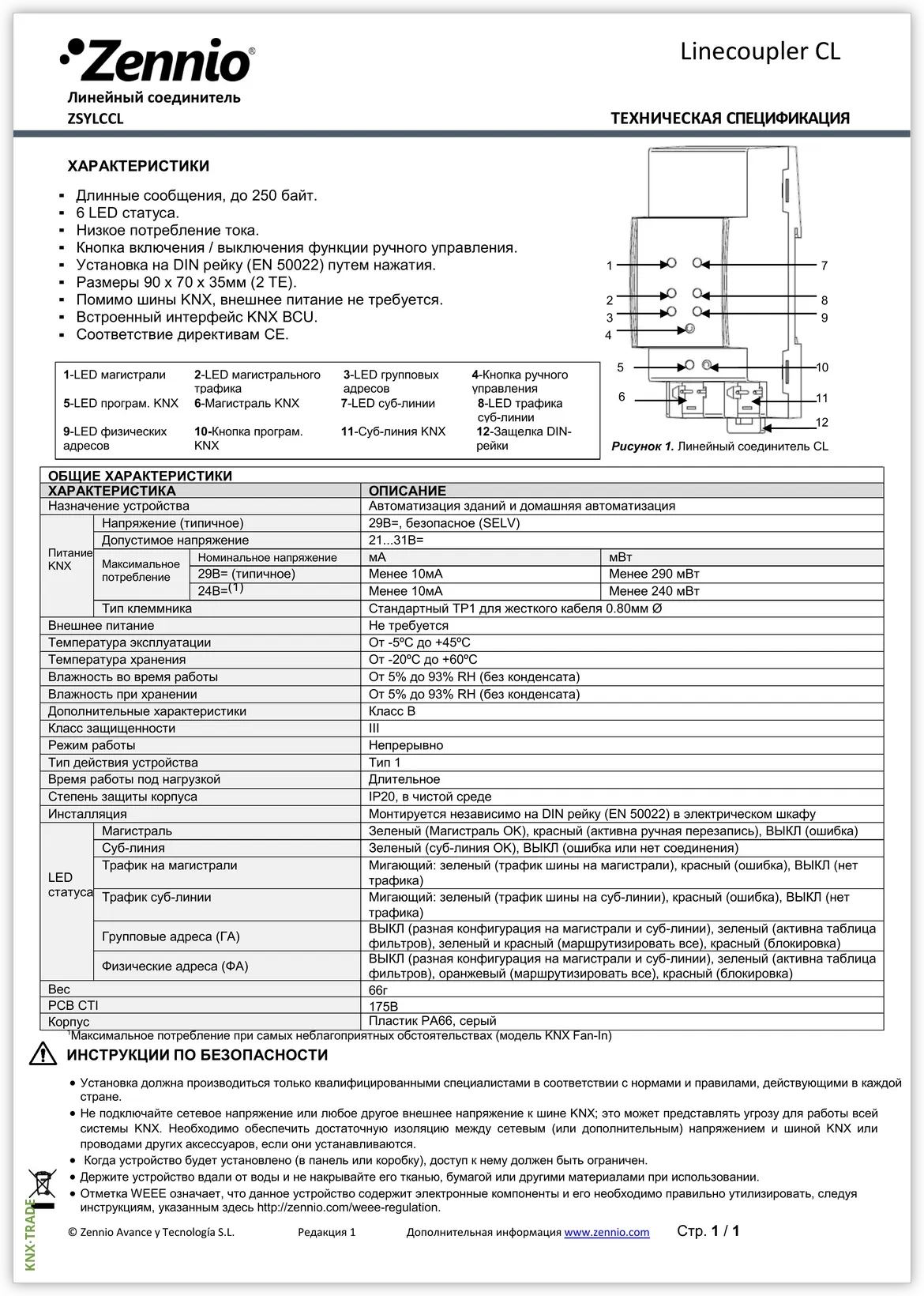 Datasheet (1) Zennio [ZSYLCCL] Linecoupler CL / Линейный/Зонный соединитель шины KNX