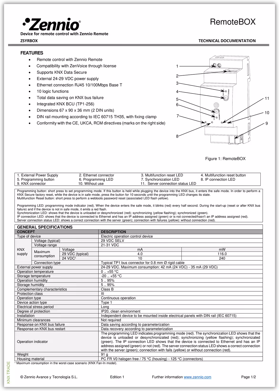 Datasheet (1) Zennio [ZSYRBOX] RemoteBOX / Устройство KNX для дистанционного управления