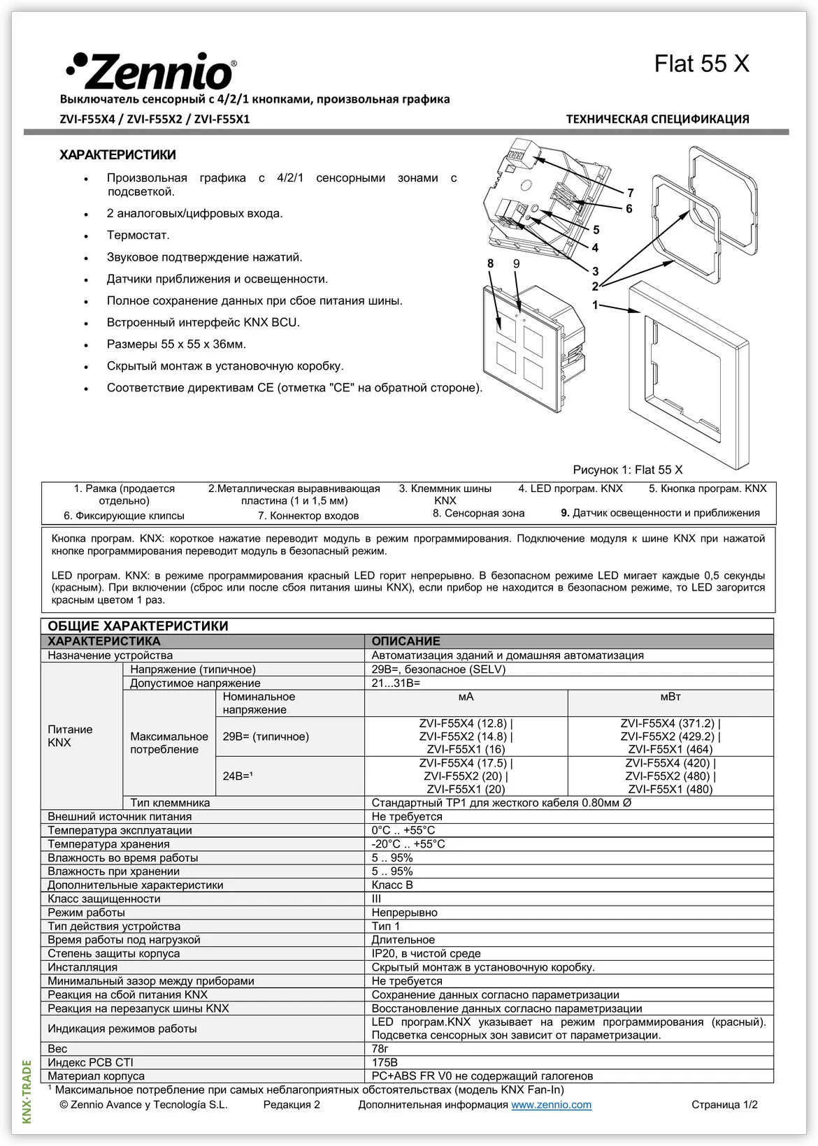 Datasheet (1) Zennio [ZVI-F55] Flat 55 / Выключатель сенсорный KNX, с подсветкой пиктограмм, 55x55мм