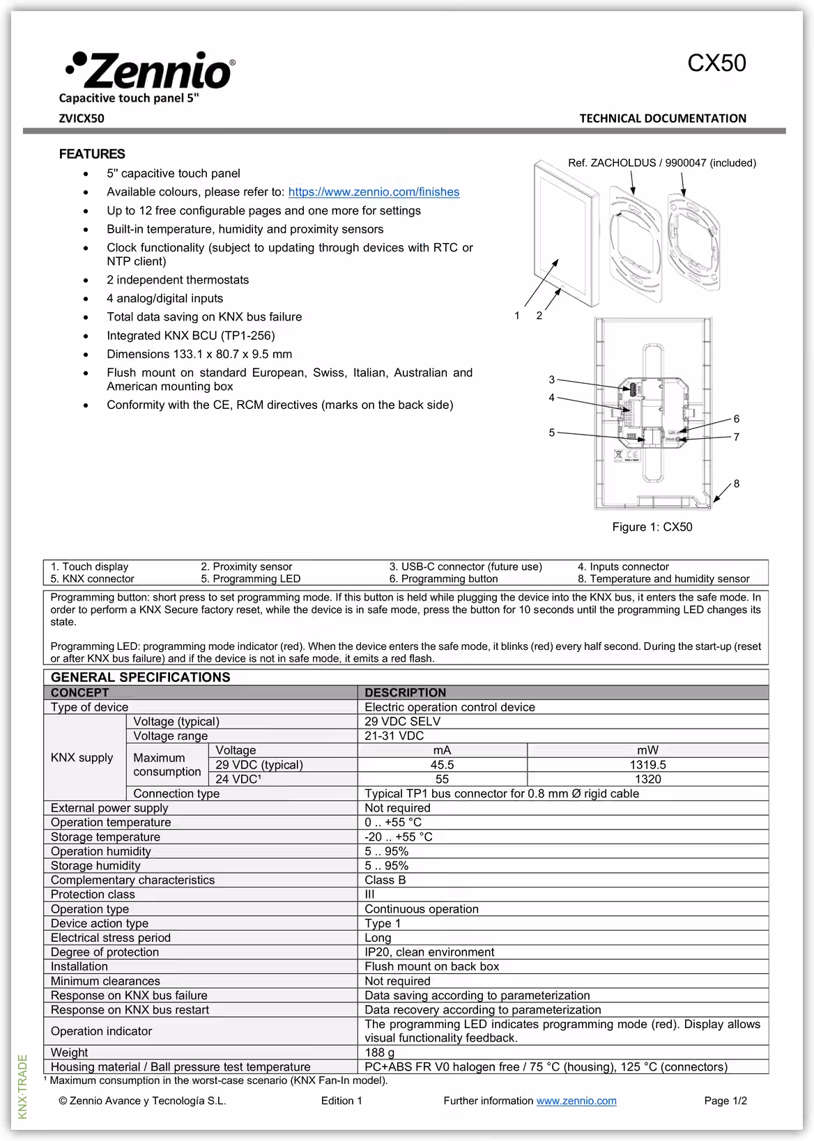 Datasheet (1) Zennio [ZVICX50] ZVICX50 / Панель сенсорная KNX, с экраном 5 дюймов