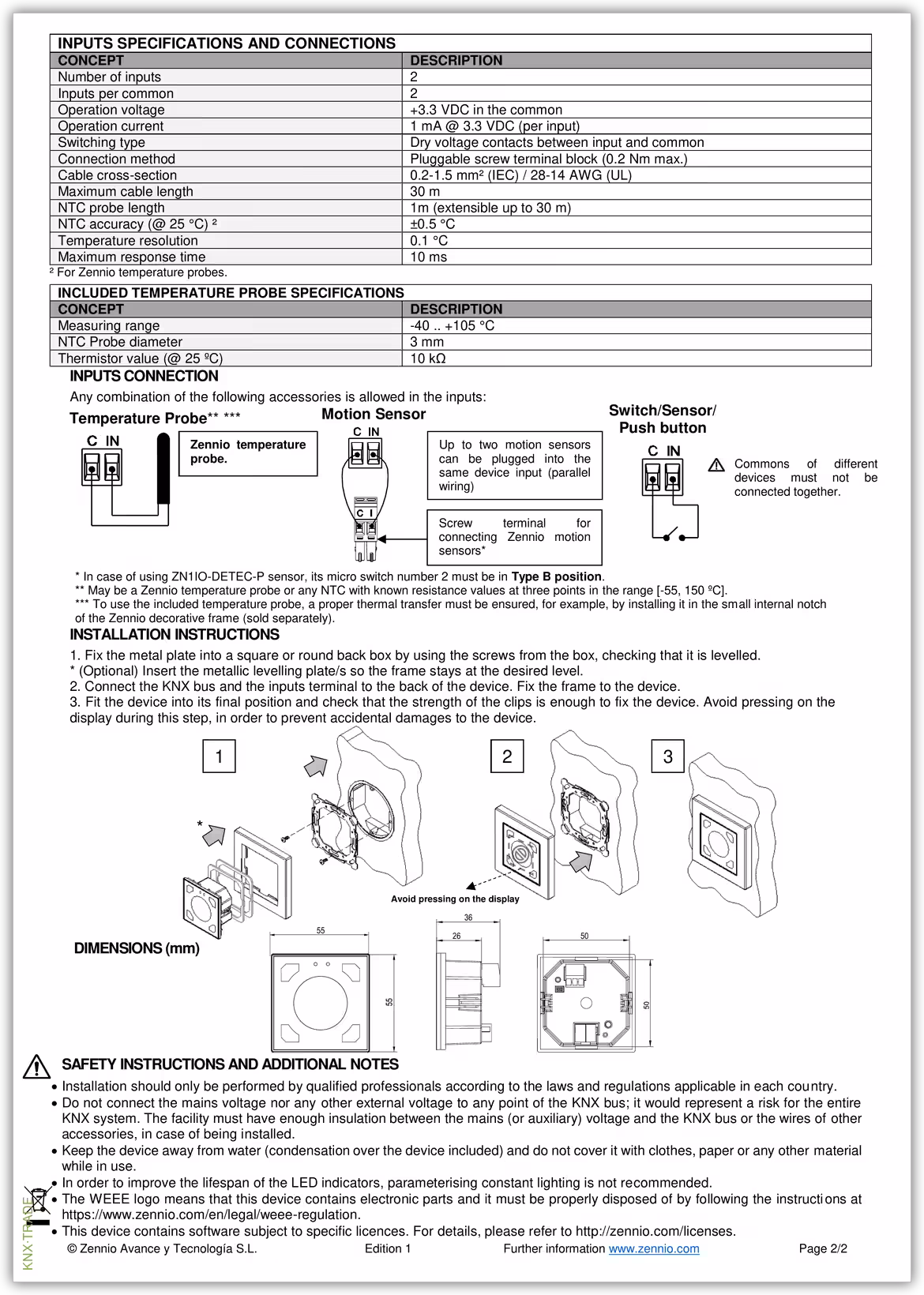 Datasheet (2) Zennio [ZVIF55DV2] Flat 55 Display v2 / Контроллер комнатный KNX, с экраном 1.18 дюймов, стандарт 55x55мм