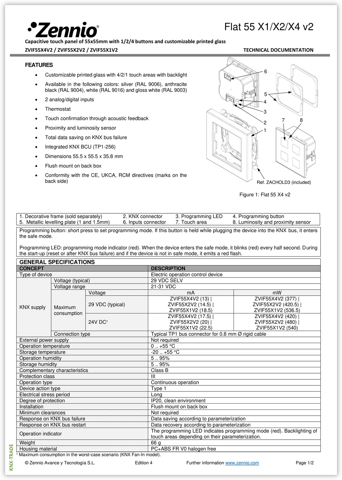 Datasheet (1) Zennio [ZVIF55XXV2] Flat 55 v2 / Выключатель сенсорный KNX, с подсветкой пиктограмм, 55x55мм