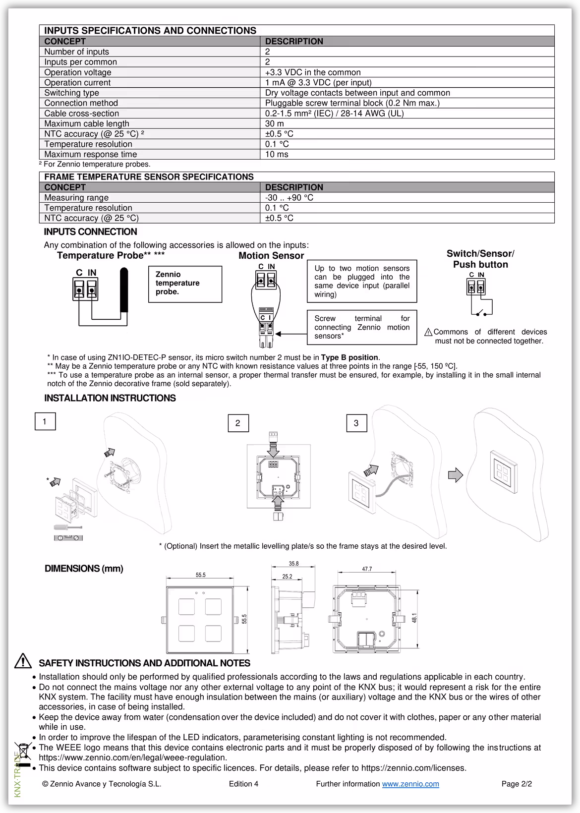Datasheet (2) Zennio [ZVIF55XXV2] Flat 55 v2 / Выключатель сенсорный KNX, с подсветкой клавиш, 55x55мм