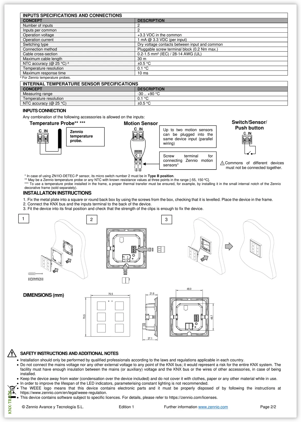 Datasheet (2) Zennio [ZVIF70X] Flat 70 / Выключатель сенсорный KNX, 70х70мм