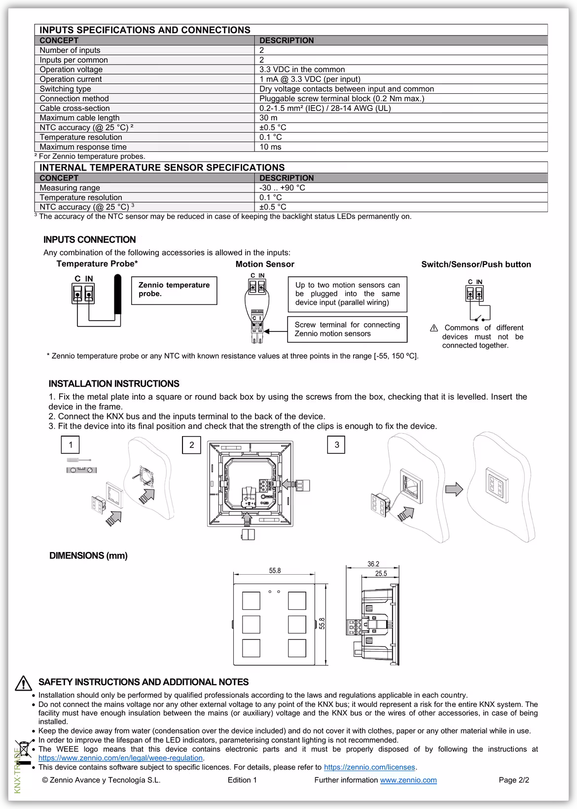 Datasheet (2) Zennio [ZVIFR55XX] Flat RGB 55 / Выключатель сенсорный KNX, с RGB-подсветкой клавиш, 55х55мм
