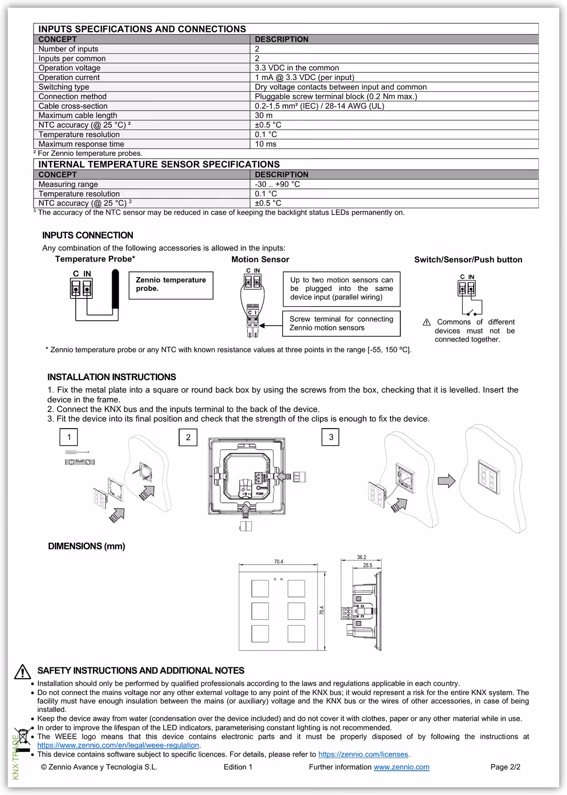 Datasheet (2) Zennio [ZVIFR70X] Flat RGB 70 / Выключатель сенсорный KNX, с RGB-подсветкой клавиш, 70х70мм