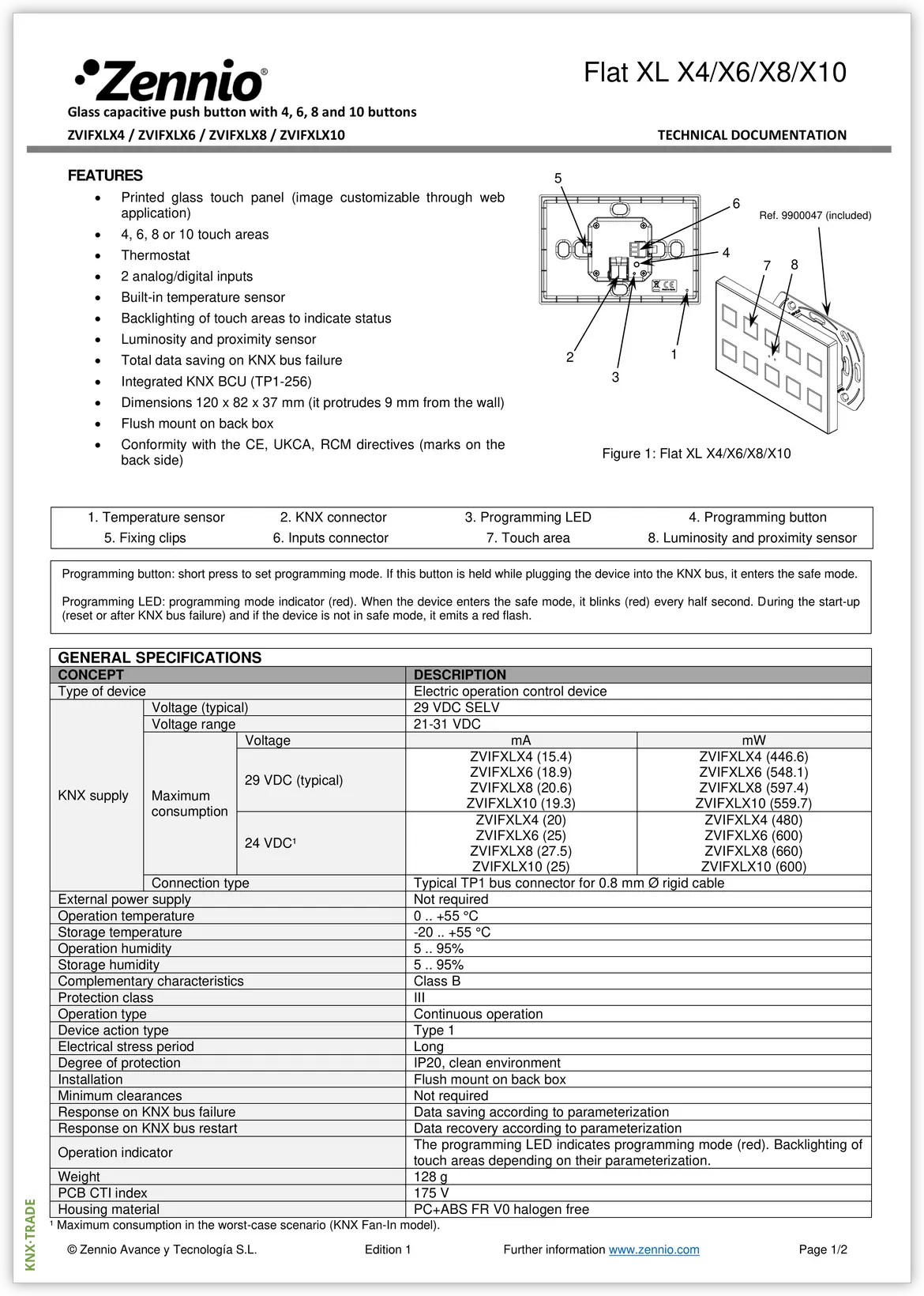 Datasheet (1) Zennio [ZVIFXL] Flat XL / Выключатель сенсорный KNX, с подсветкой клавиш