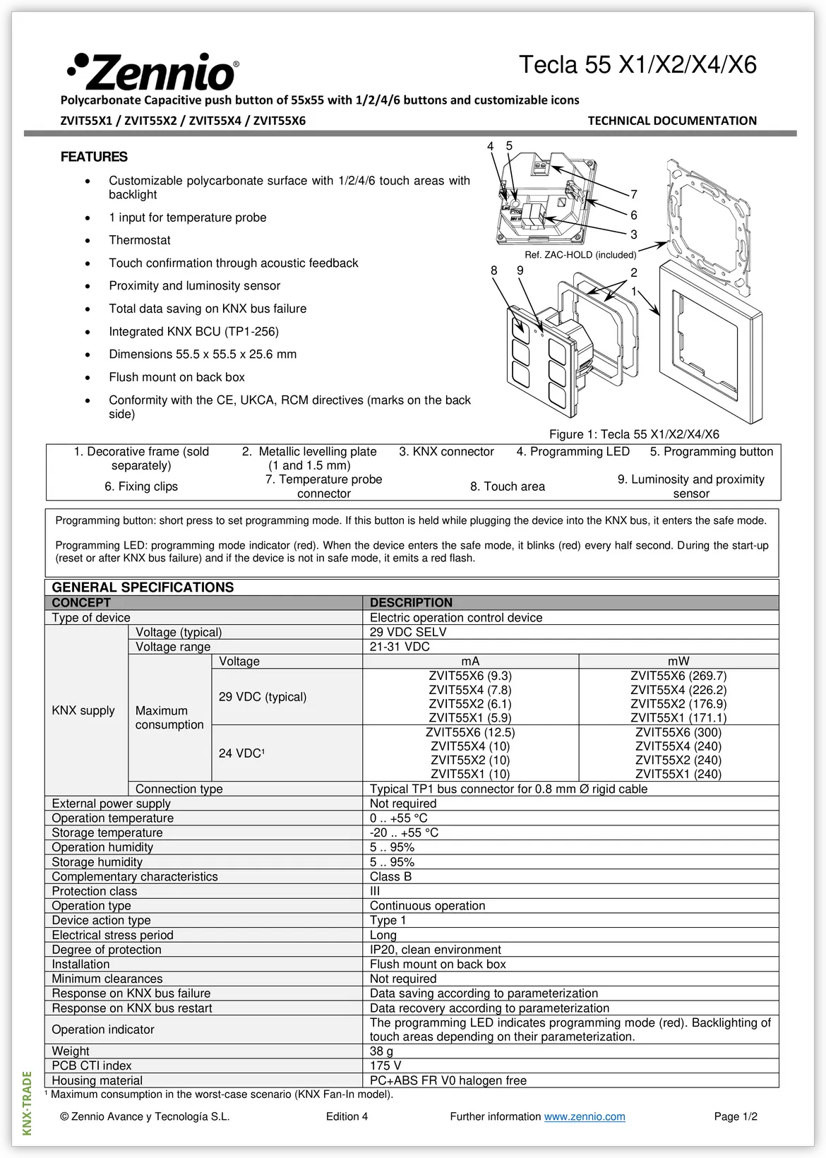 Datasheet (1) Zennio [ZVIT55] Tecla 55 / Выключатель сенсорный KNX, с подсветкой клавиш, 55х55 мм
