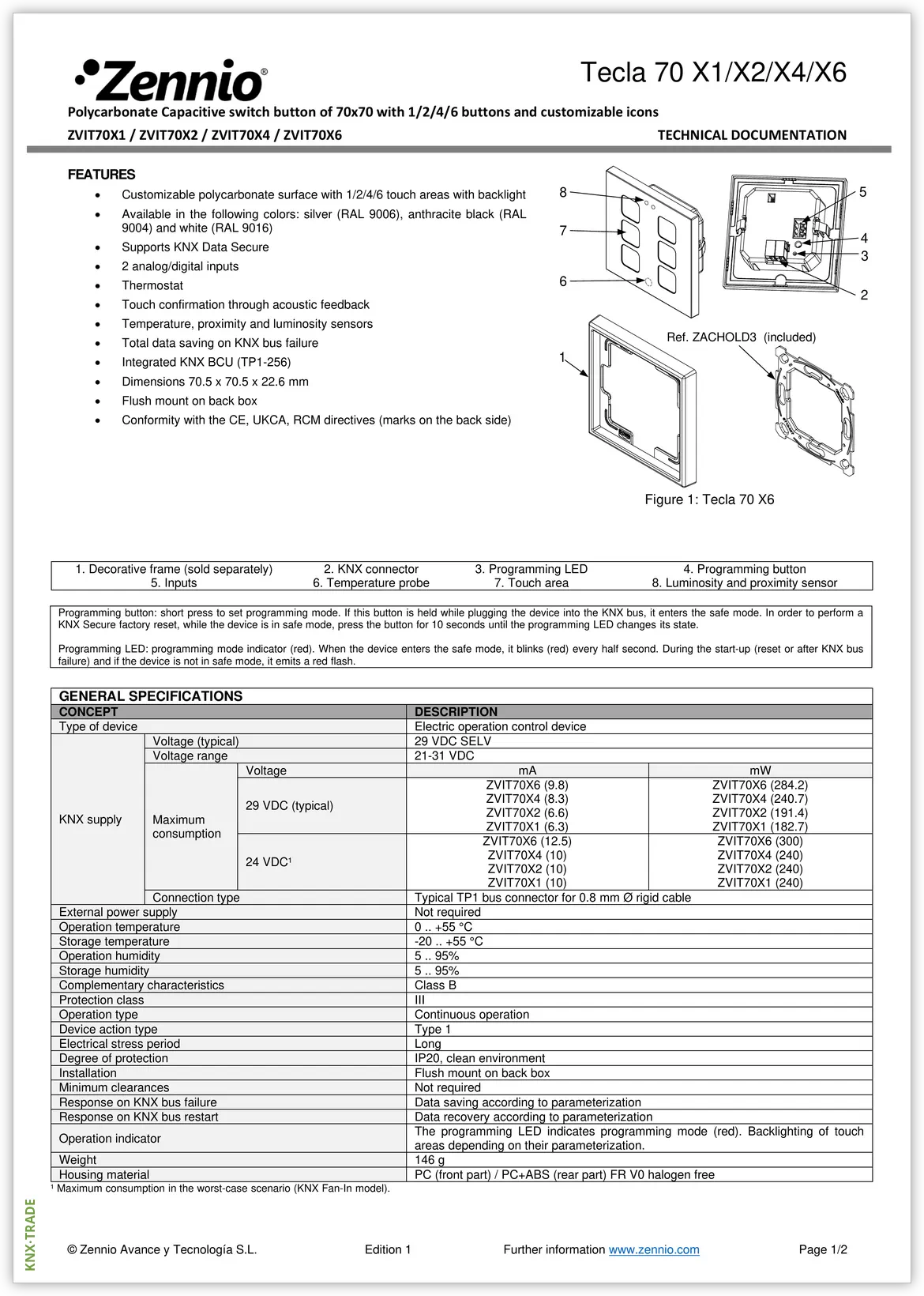 Datasheet (1) Zennio [ZVIT70X] Tecla 70 / Выключатель сенсорный KNX, 70х70мм