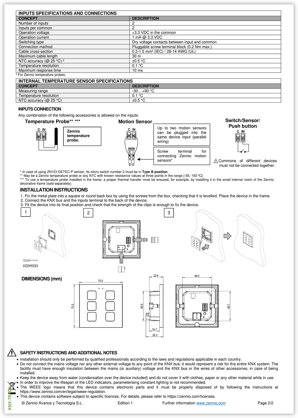 Datasheet (2) Zennio [ZVIT70X] Tecla 70 / Выключатель сенсорный KNX, 70х70мм