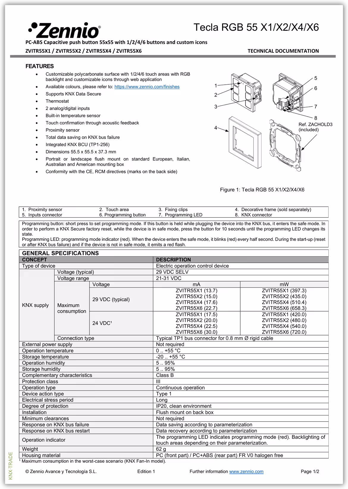 Datasheet (1) Zennio [ZVITR55XX] Tecla RGB 55 / Выключатель сенсорный KNX, с RGB-подсветкой клавиш, 55х55мм