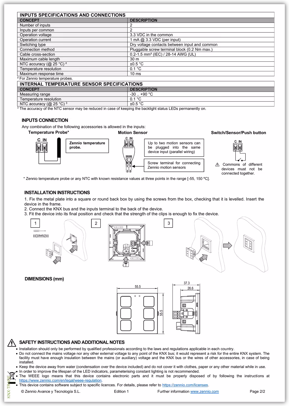 Datasheet (2) Zennio [ZVITR55XX] Tecla RGB 55 / Выключатель сенсорный KNX, с RGB-подсветкой клавиш, 55х55мм