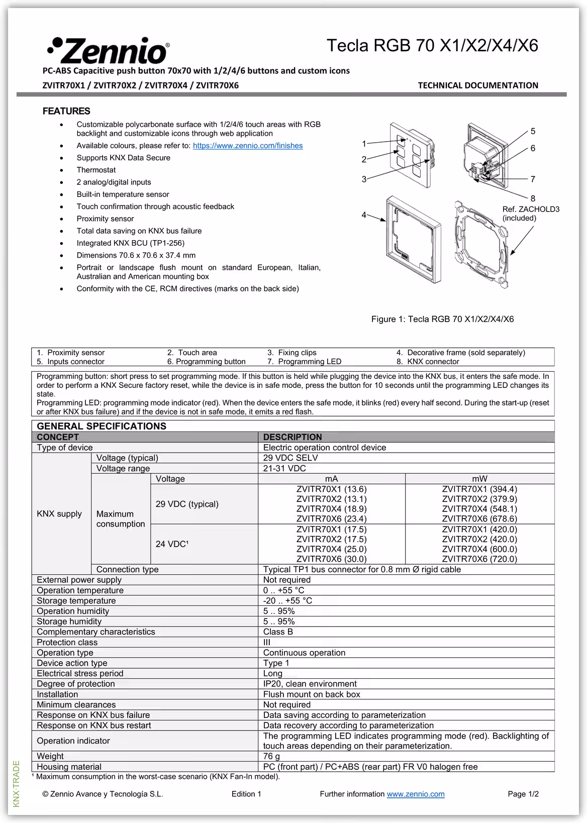 Datasheet (1) Zennio [ZVITR70X] Tecla RGB 70 / Выключатель сенсорный KNX, 70х70мм