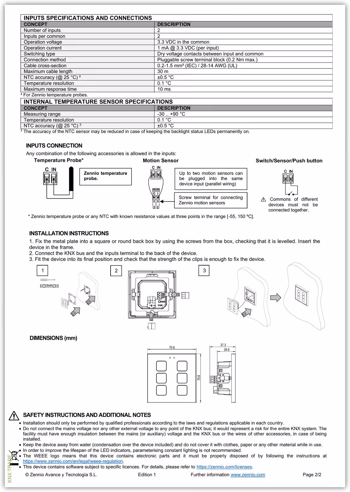 Datasheet (2) Zennio [ZVITR70X] Tecla RGB 70 / Выключатель сенсорный KNX, 70х70мм