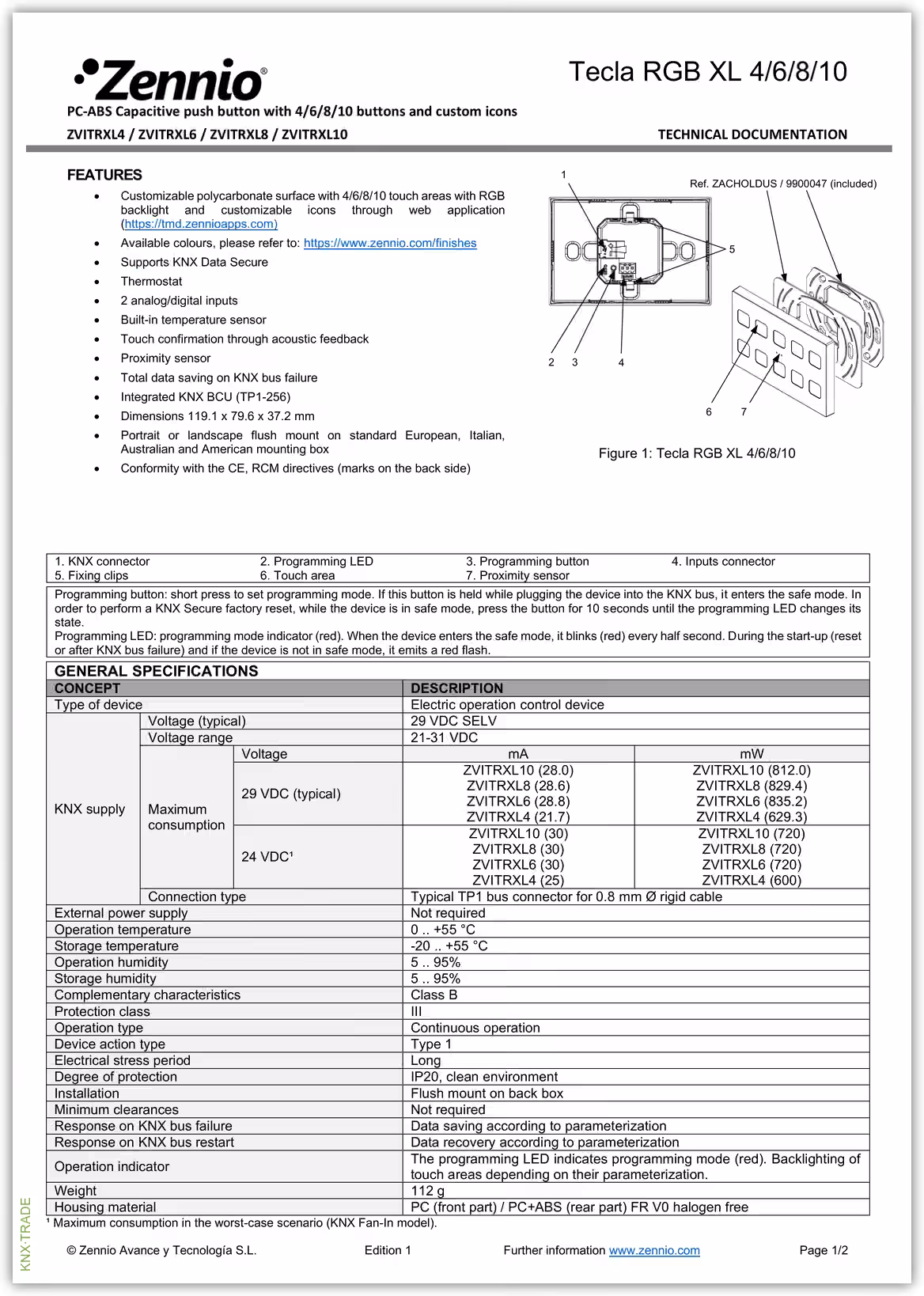 Datasheet (1) Zennio [ZVITRXL] Tecla RGB XL / Выключатель сенсорный KNX, с RGB-подсветкой клавиш