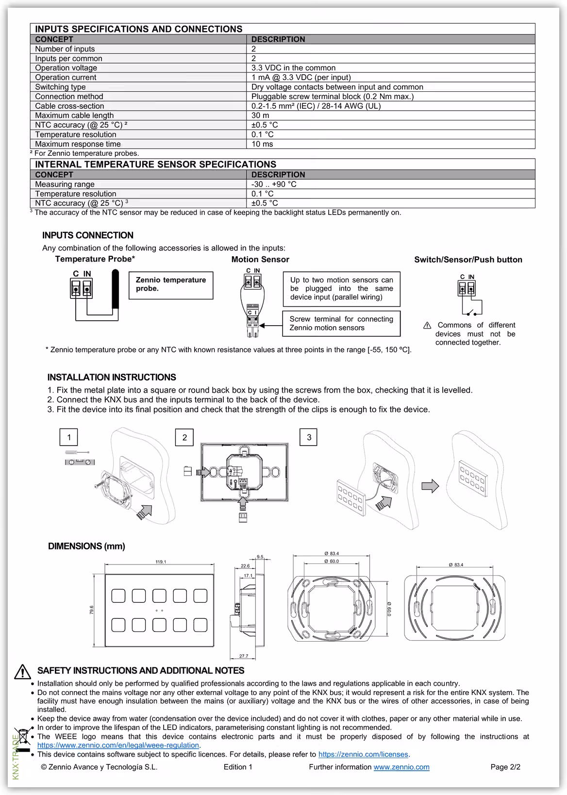 Datasheet (2) Zennio [ZVITRXL] Tecla RGB XL / Выключатель сенсорный KNX, с RGB-подсветкой клавиш