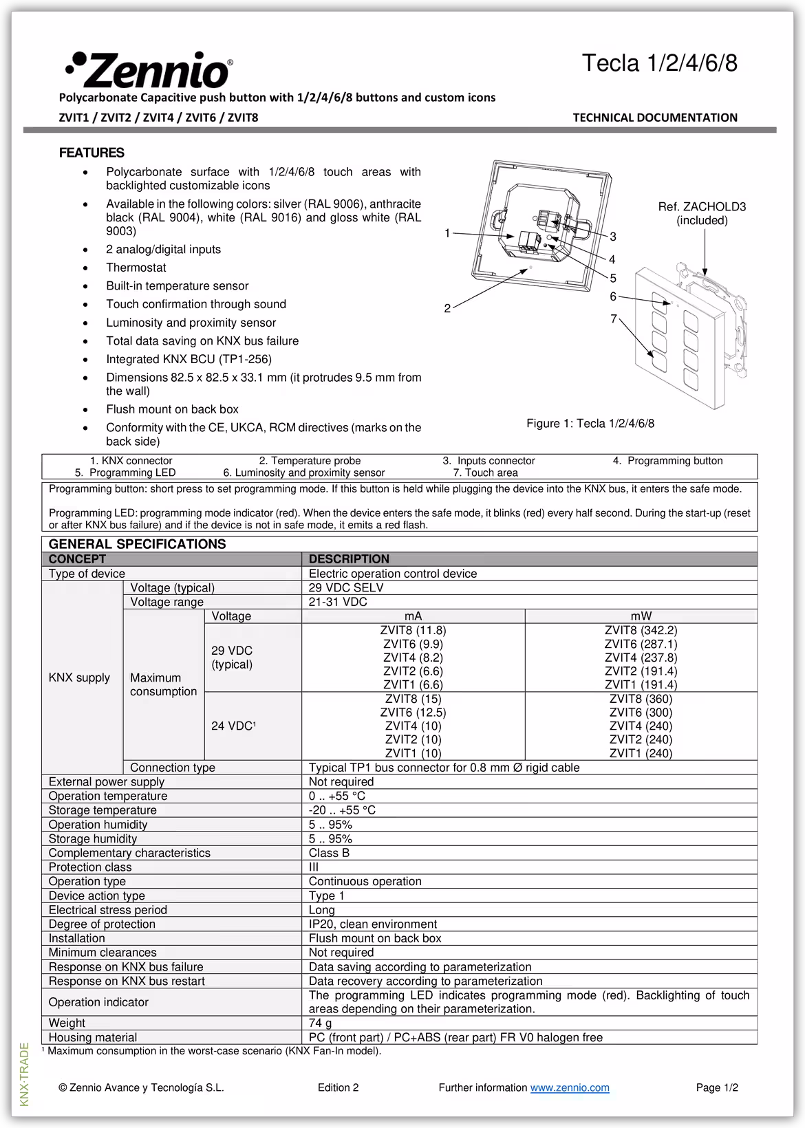Datasheet (1) Zennio [ZVITX] Tecla / Выключатель сенсорный KNX, с подсветкой клавиш