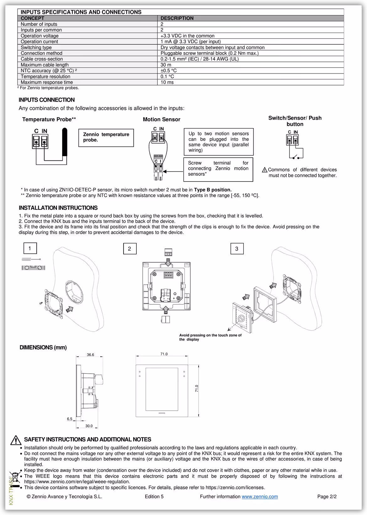 Datasheet (2) Zennio [ZVIZ28] Z28 / Панель сенсорная KNX, с экраном 2.8 дюймов для рамок 70x70мм